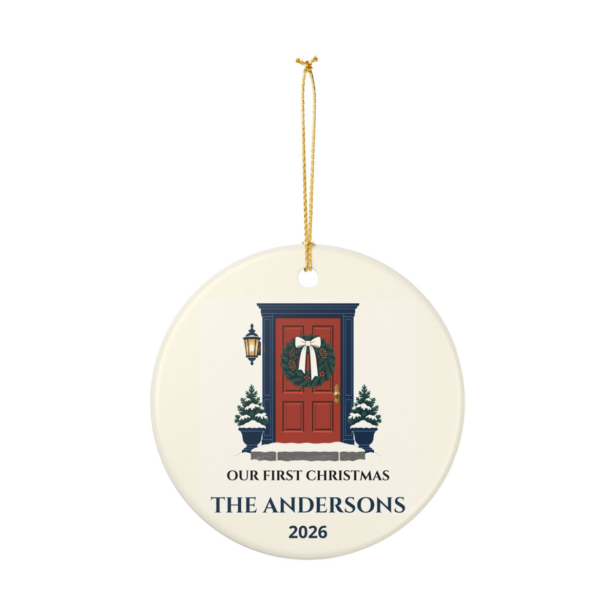 Hanging front view of the new-home ornament with example family name and year.