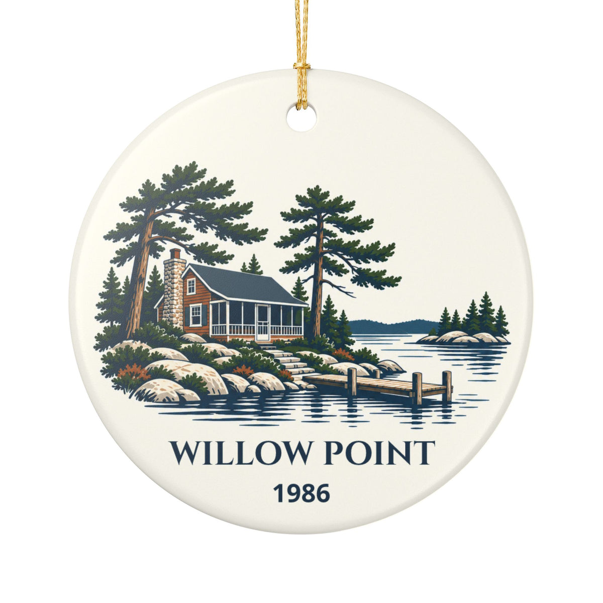 Round ceramic lake-house ornament with cottage and pine illustration; example property name Willow Point and year 1986.