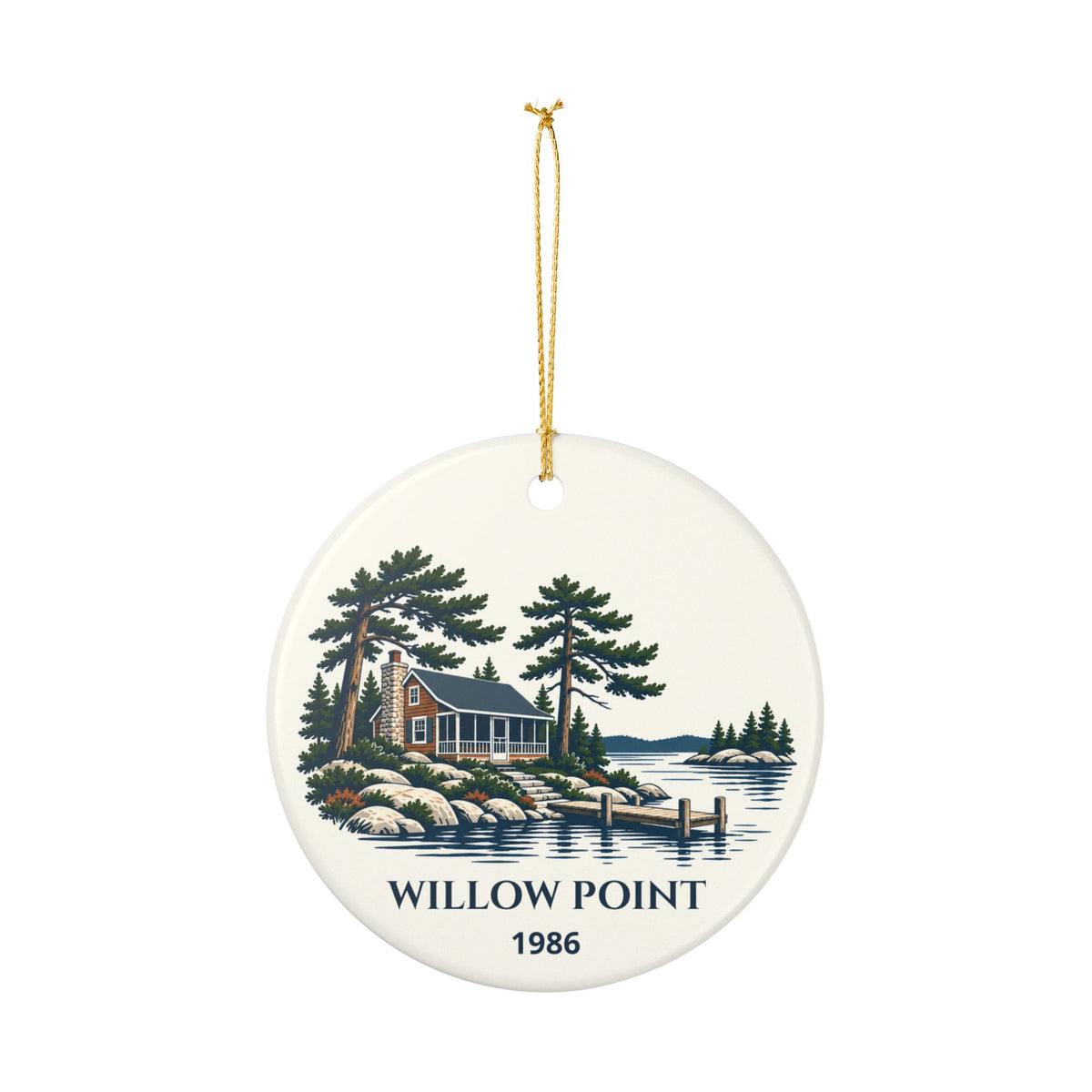 Hanging front view of the lake-house ornament with example Willow Point personalization.