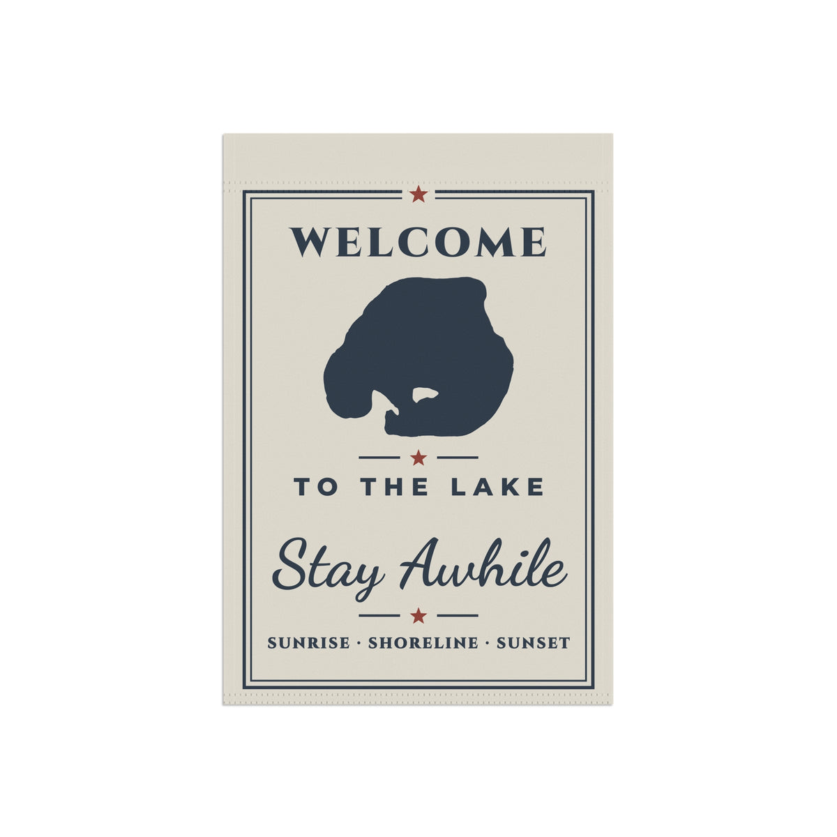 Flat view of the bordered Welcome to the Lake garden flag, featuring a navy lake silhouette.