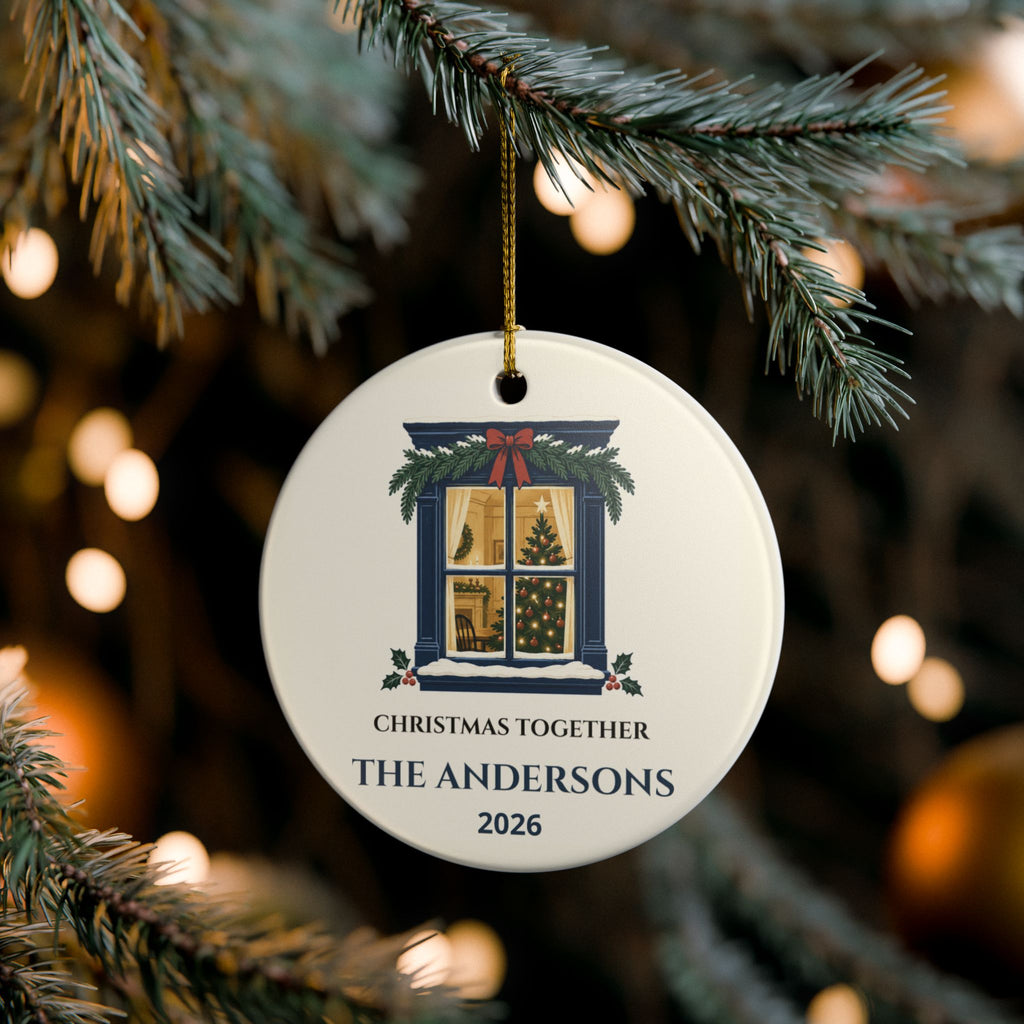 Personalized Christmas Together ornament hanging on a Christmas tree.