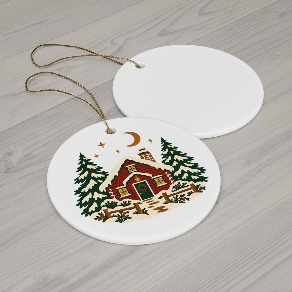 Winter Cabin Christmas ornament front beside its blank white reverse on a pale wooden surface.