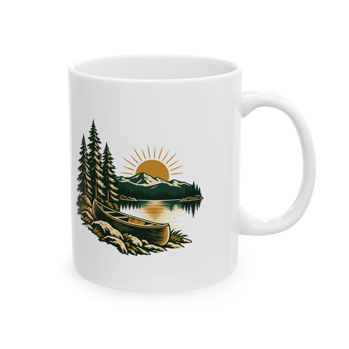 White ceramic mug with handle on the right, showing the canoe-and-pines lakeside illustration.