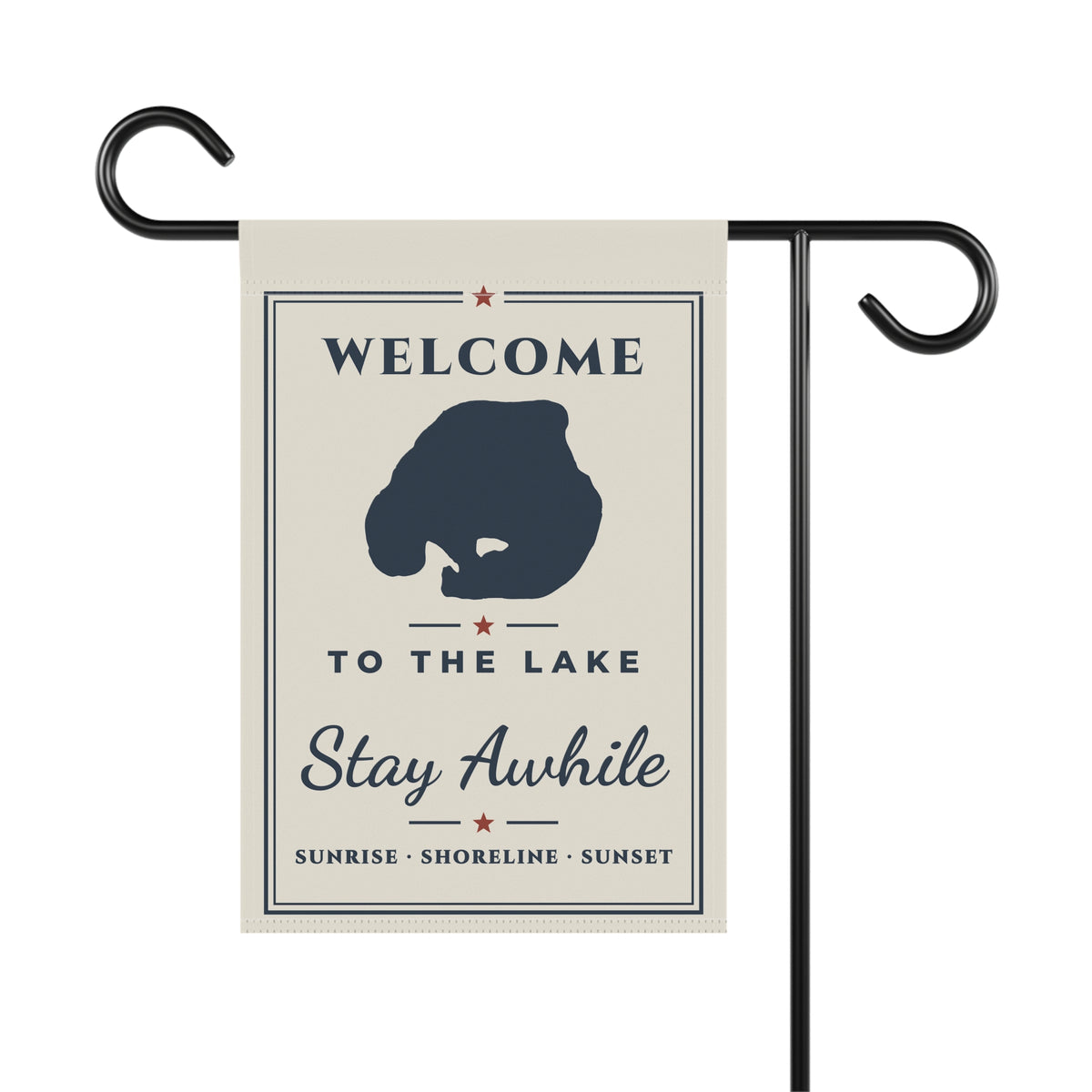 Reverse-facing view of the Welcome to the Lake garden flag on a display stand; stand not included.