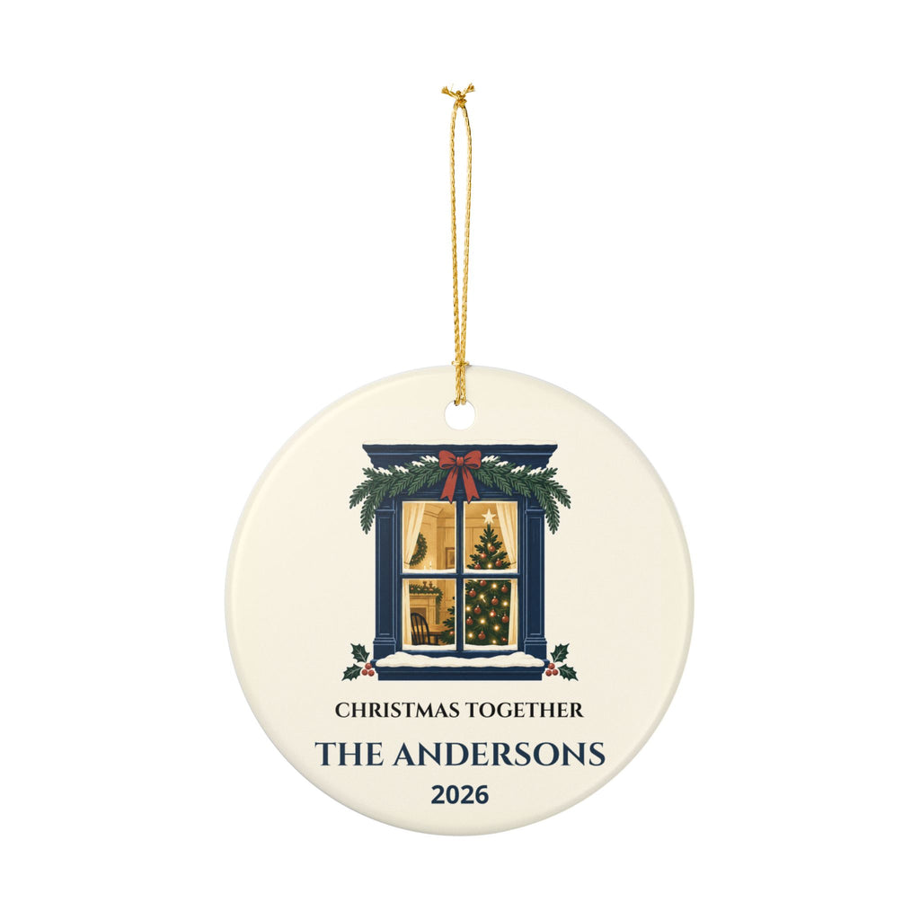 Hanging front view of the Christmas Together ornament with example family name and year.