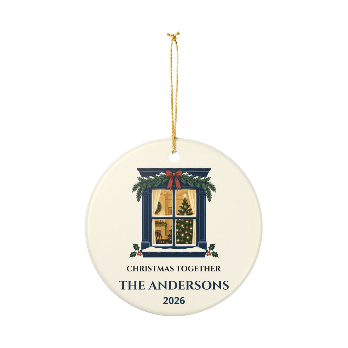 Hanging front view of the Christmas Together ornament with example family name and year.