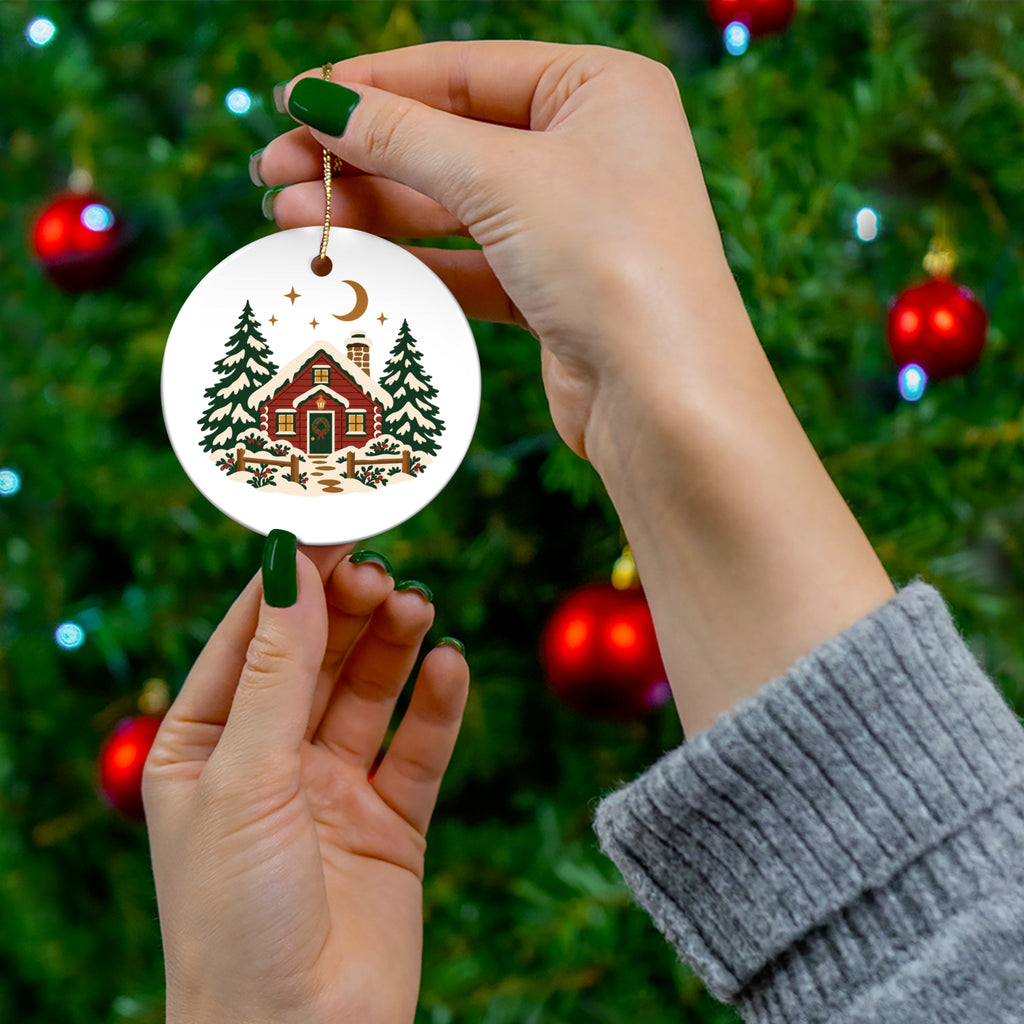 Hands hanging the round Winter Cabin Christmas ornament on a decorated tree.