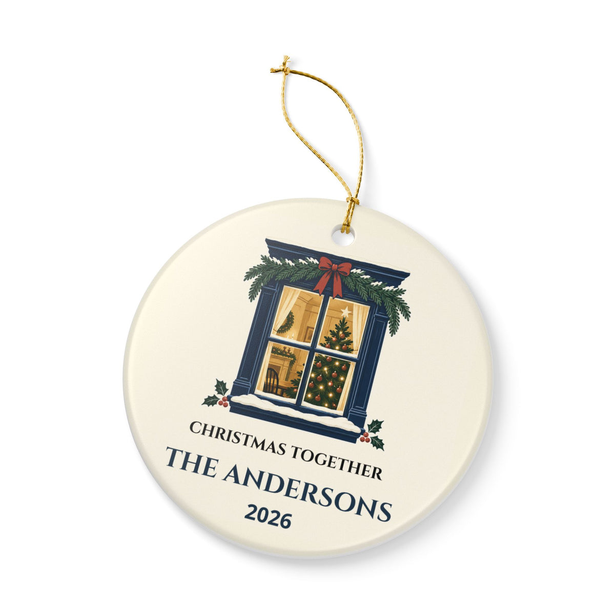 Angled front view of the Christmas Together ceramic ornament and gold-colored string.