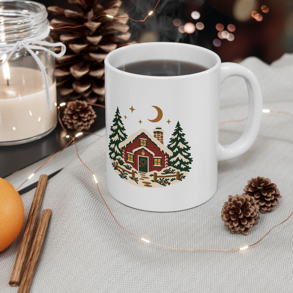 Winter Cabin Christmas mug on a styled table with pinecones.