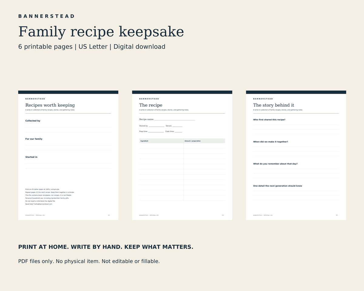 Family Recipe Keepsake Pages — Printable PDF: previews of actual included pages; digital file only