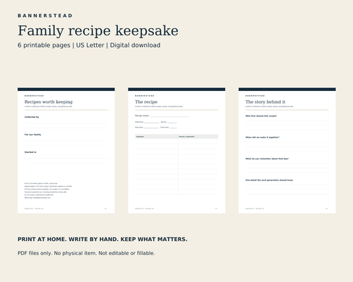 Family Recipe Keepsake Pages — Printable PDF: previews of actual included pages; digital file only