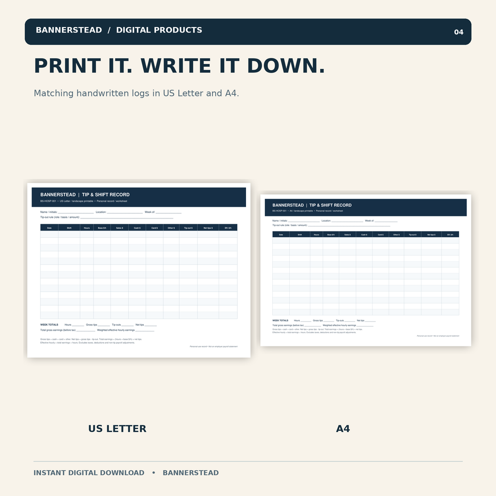 Printable shift logs in Letter and A4