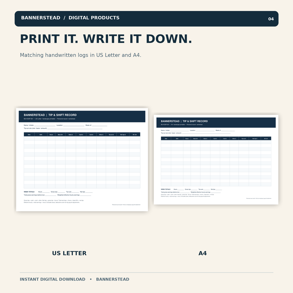 Printable shift logs in Letter and A4